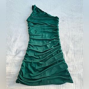 One Shoulder Green Scrunched Stretchy Dress